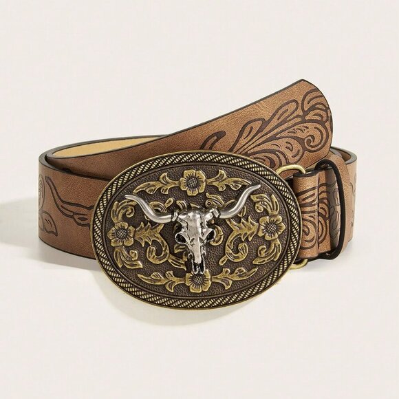 Brown Western Cowgirl Women's Buckle & Embossed Print Belt